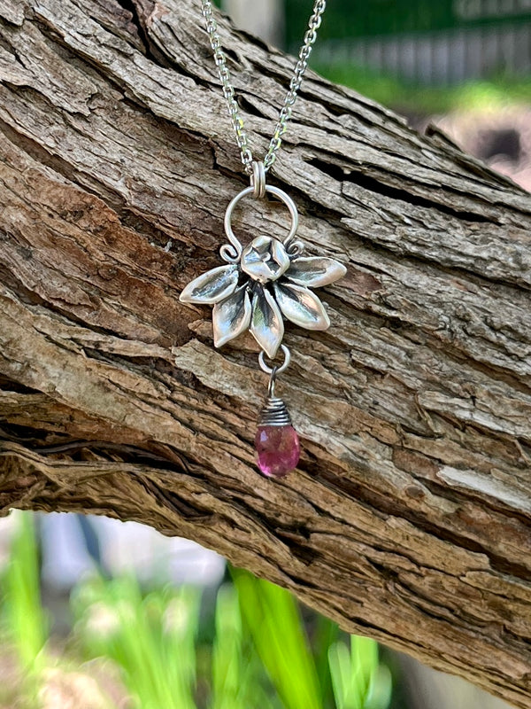 Silver Lotus Flower Necklace with Pink Tourmaline Teardrop