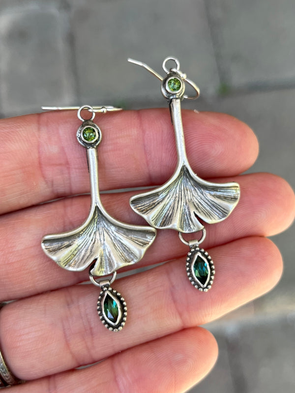 Ginkgo Leaf and Green Tourmaline Earrings ￼