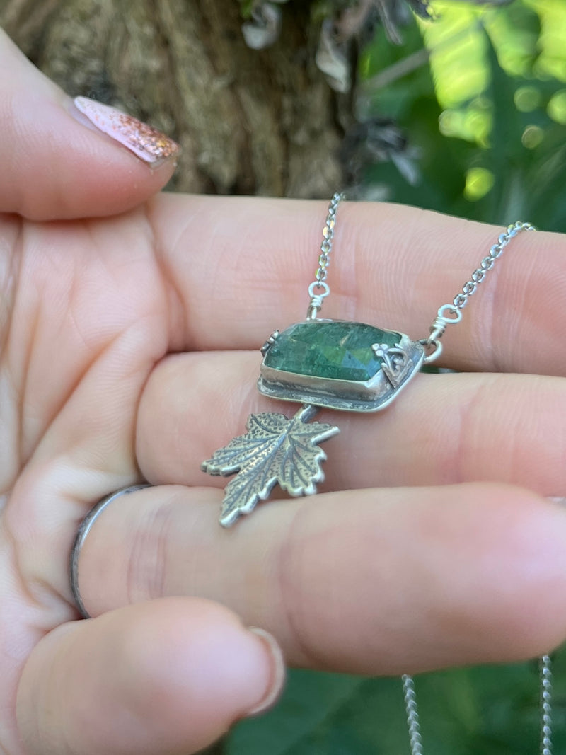 Emerald Green Kyanite Rectangle Necklace with Maple Leaf Accent ￼