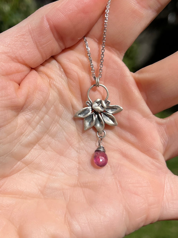 Silver Lotus Flower Necklace with Pink Tourmaline Teardrop