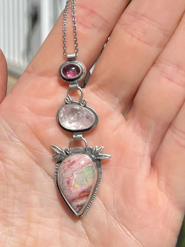 Pink Tourmaline, Morganite and Cantera Mexican Opal with Bamboo Botanical Accent Necklace