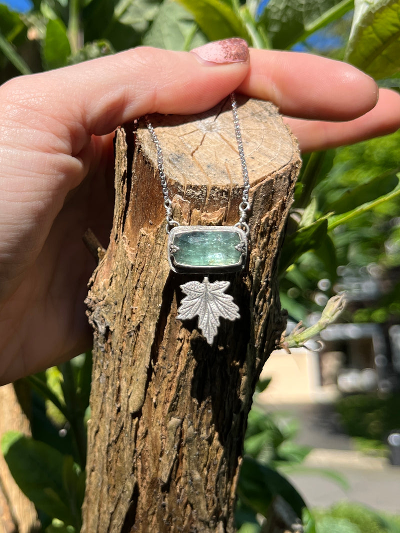 Emerald Green Kyanite Rectangle Necklace with Maple Leaf Accent ￼