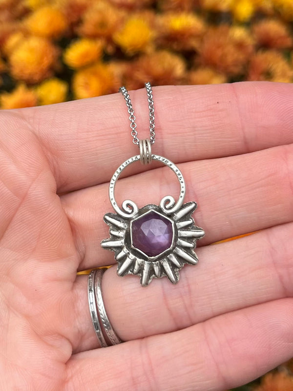 Purple Sapphire Hexagon Sunburst Pendant