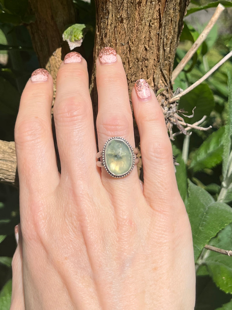 Rose Cut Prehnite Ring with Split Shank