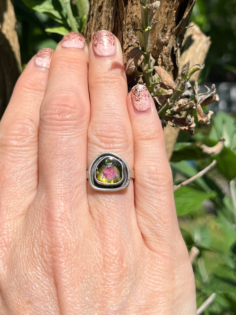 Olive Green and Pink Watermelon Tourmaline Reservoir Ring