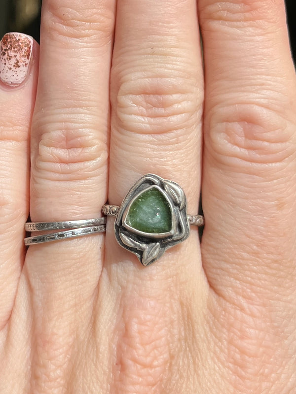 Green Tourmaline Slice Ring with Floral Band