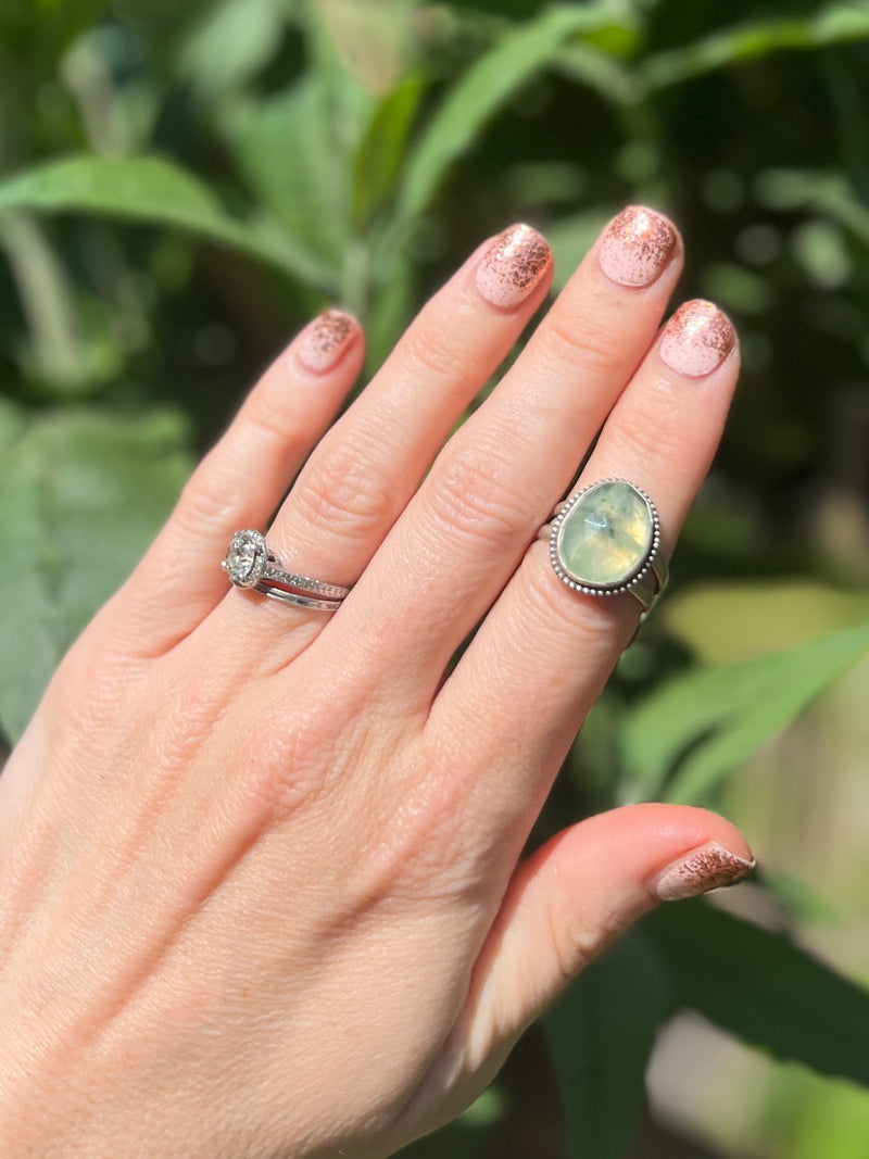 Rose Cut Prehnite Ring with Split Shank