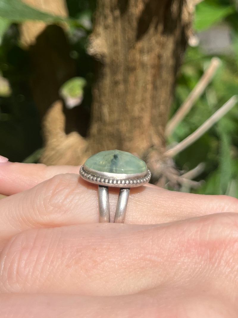 Rose Cut Prehnite Ring with Split Shank