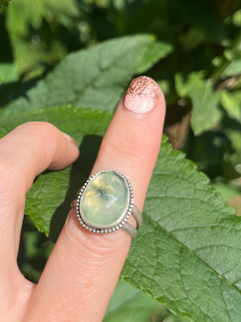 Rose Cut Prehnite Ring with Split Shank