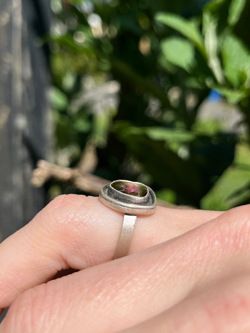 Olive Green and Pink Watermelon Tourmaline Reservoir Ring