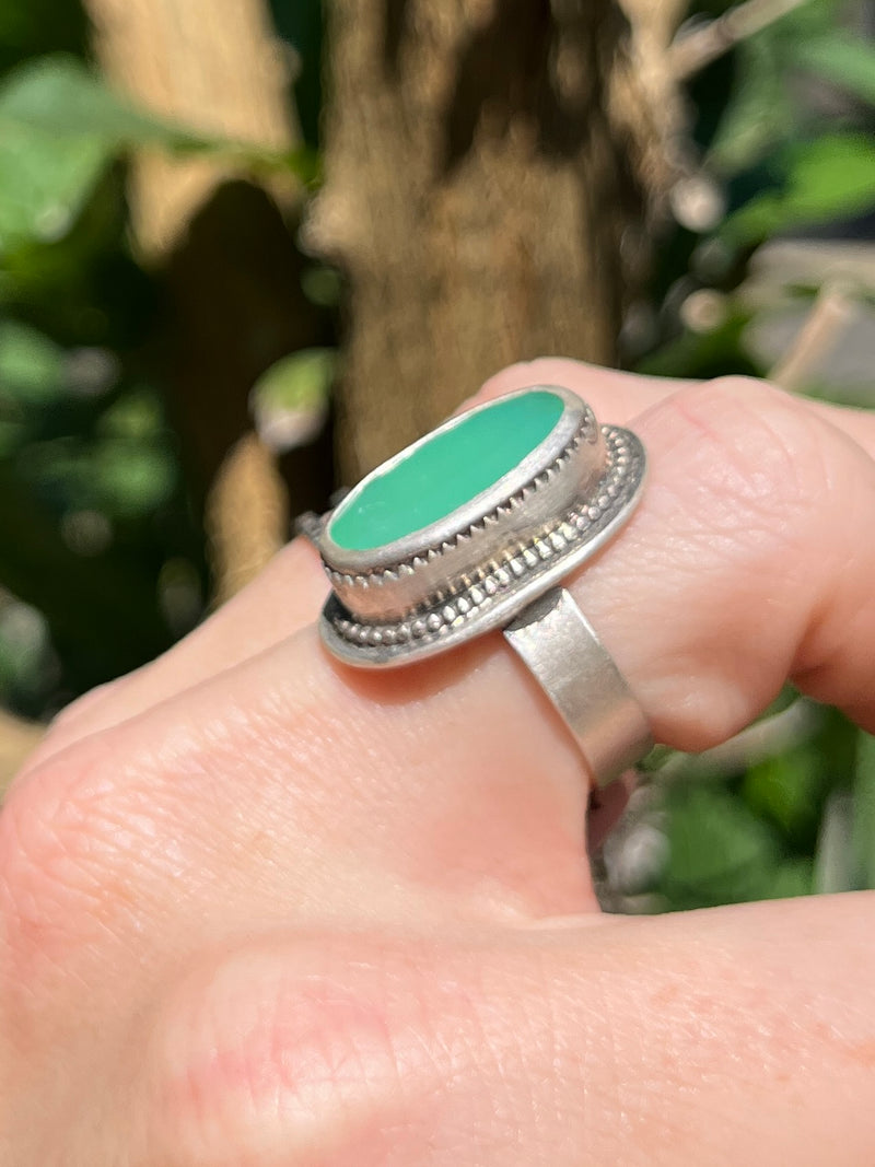 Chrysoprase Oval Ring with Beaded Border