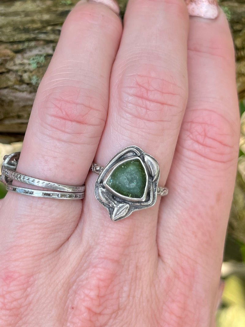 Green Tourmaline Slice Ring with Floral Band