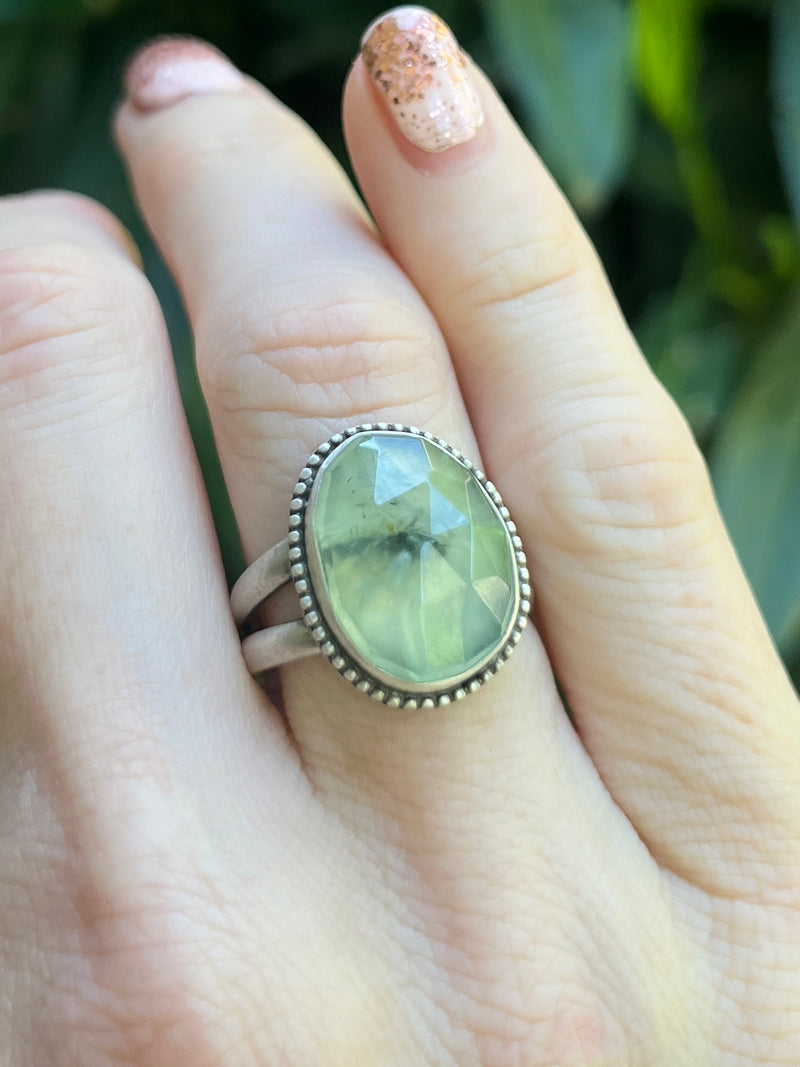 Rose Cut Prehnite Ring with Split Shank