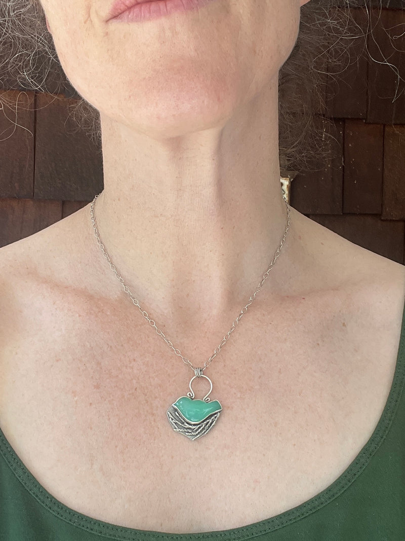 Chrysoprase Bird in Nest Necklace