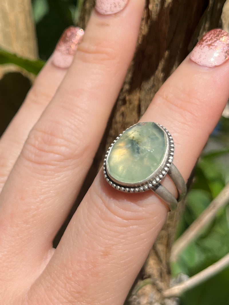 Rose Cut Prehnite Ring with Split Shank