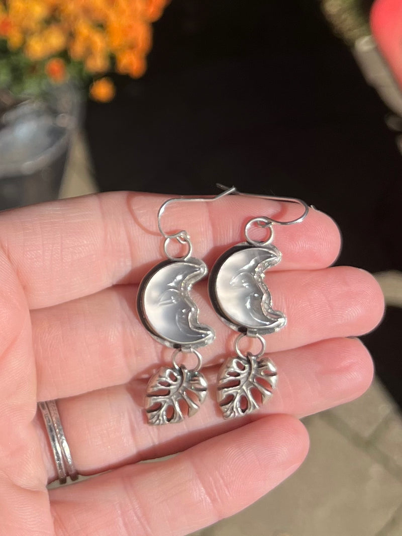 Chalcedony Crescent Moon and Monstera Earrings
