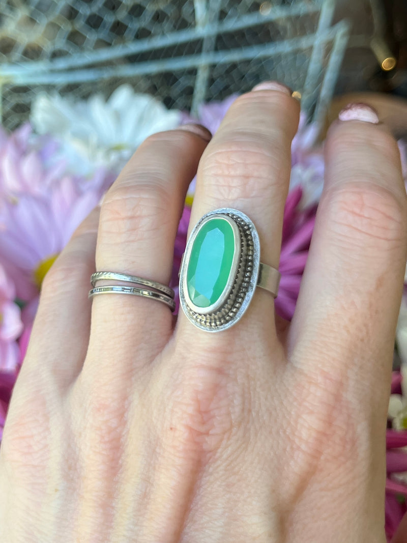 Chrysoprase Oval Ring with Beaded Border