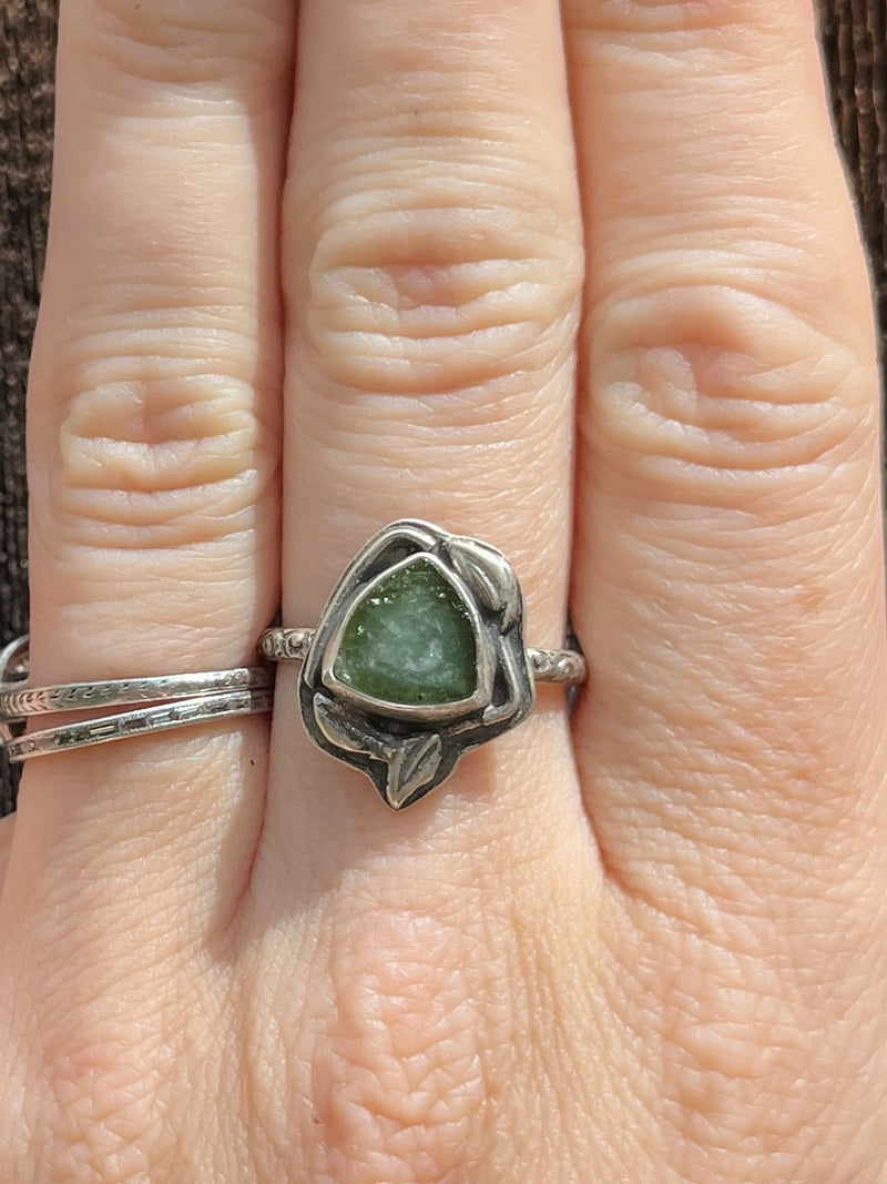 Green Tourmaline Slice Ring with Floral Band