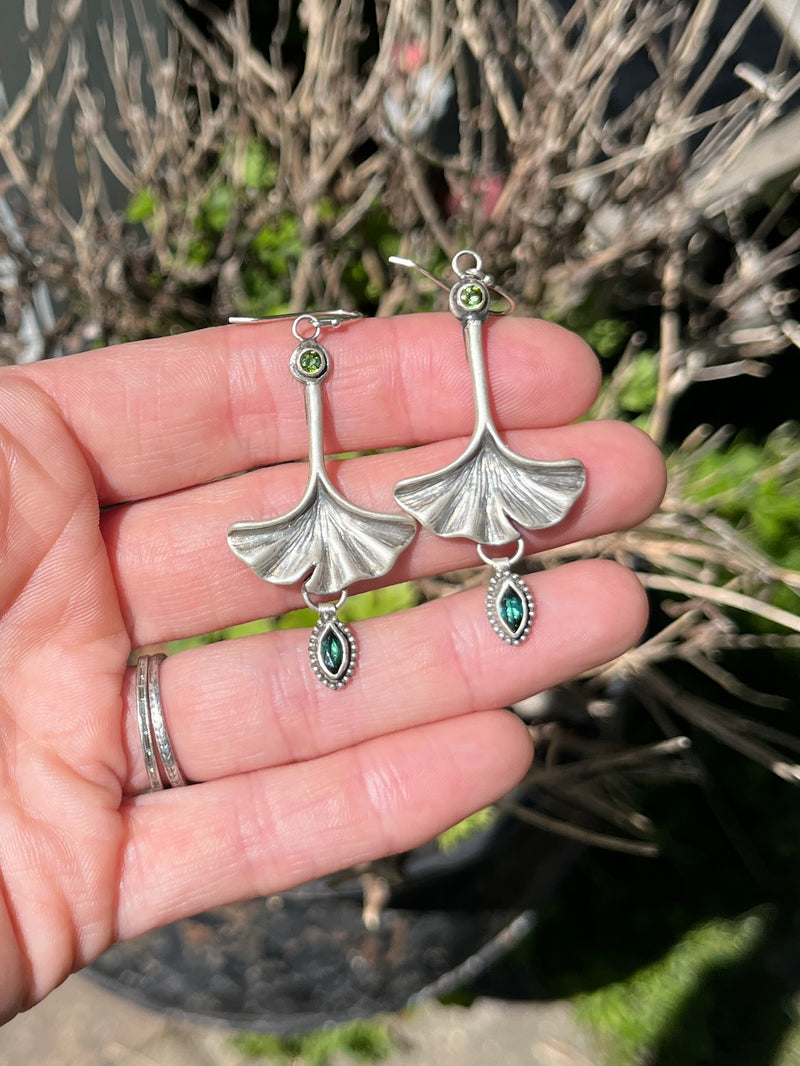 Ginkgo Leaf and Green Tourmaline Earrings ￼