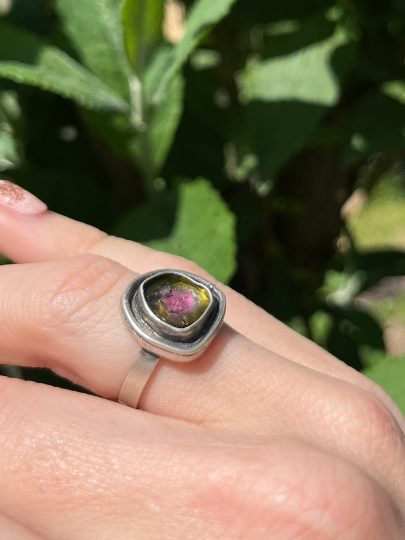 Olive Green and Pink Watermelon Tourmaline Reservoir Ring