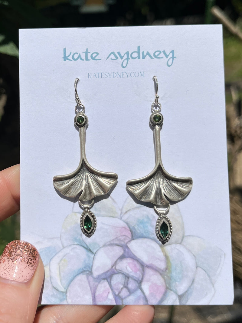 Ginkgo Leaf and Green Tourmaline Earrings ￼