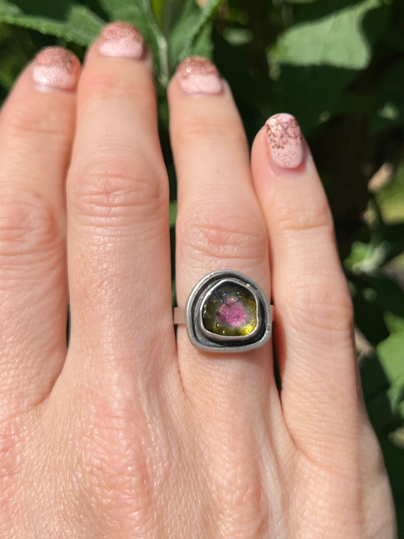 Olive Green and Pink Watermelon Tourmaline Reservoir Ring