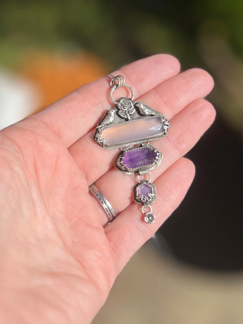 Triple Hex Necklace with Chalcedony, Amethyst, Sapphire, Birds and Flowers