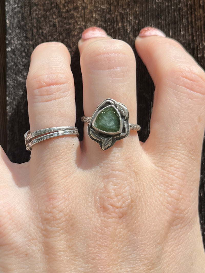 Green Tourmaline Slice Ring with Floral Band