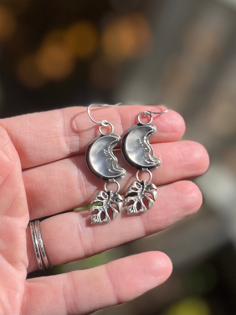 Chalcedony Crescent Moon and Monstera Earrings