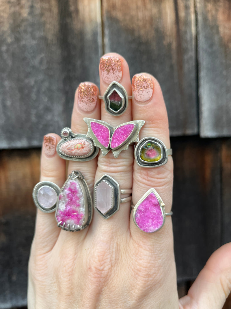 Olive Green and Pink Watermelon Tourmaline Reservoir Ring