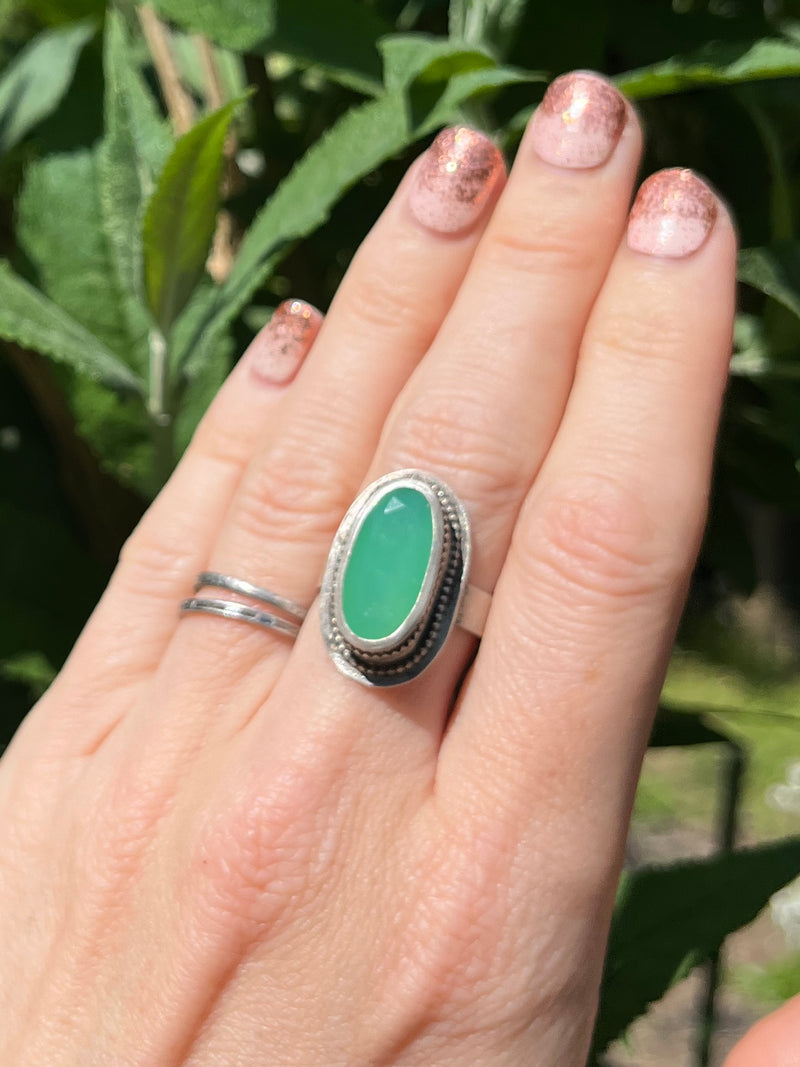 Chrysoprase Oval Ring with Beaded Border