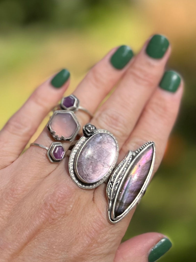 Lepidolite Purple Mica Oval Ring with Rose