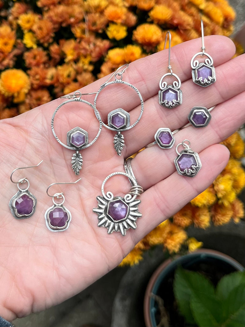 Purple Sapphire Hexagon Drop Earrings