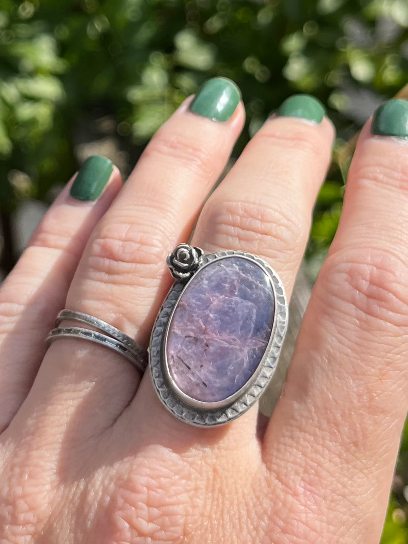 Lepidolite Purple Mica Oval Ring with Rose
