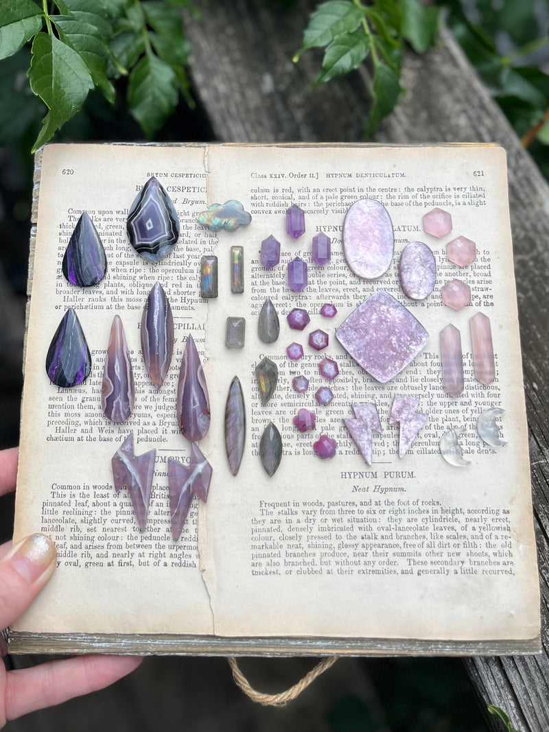 Lepidolite Purple Mica Lightning Bolt and Botanical Hoops