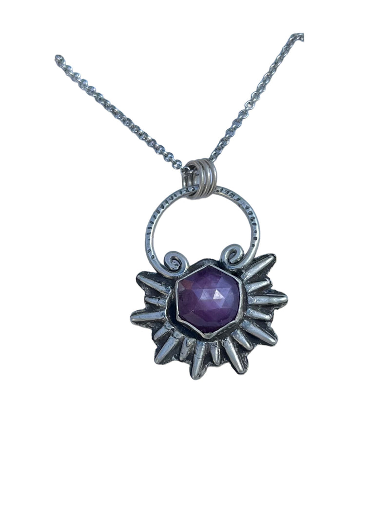 Purple Sapphire Hexagon Sunburst Pendant