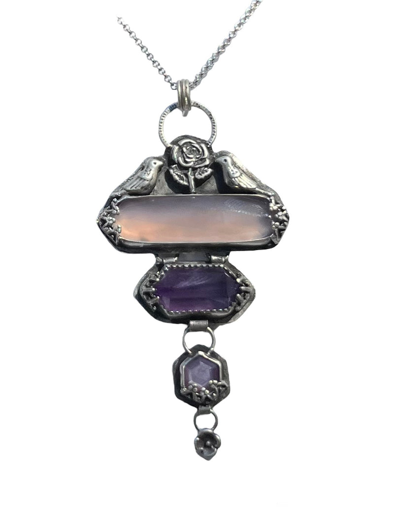 Triple Hex Necklace with Chalcedony, Amethyst, Sapphire, Birds and Flowers