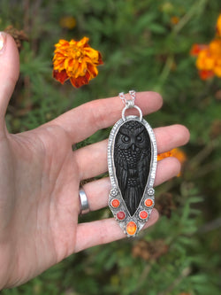 Carved Black Horn Owl & Fire Opal Necklace