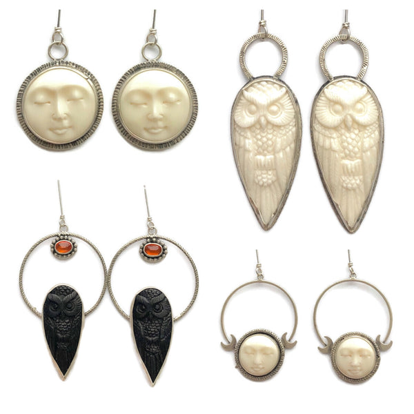 Carved Horned Owl Statement Earrings