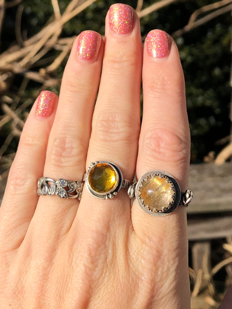 Rutilated Quartz Round Ring With Floral Accents
