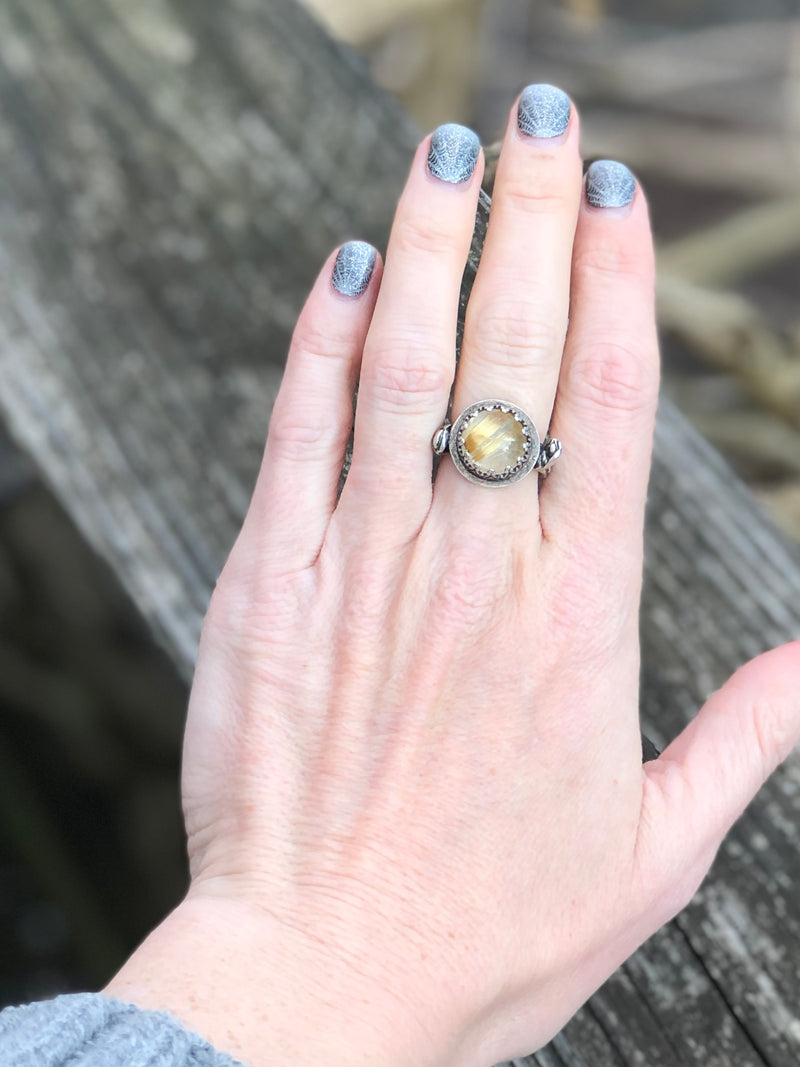 Rutilated Quartz Round Ring With Floral Accents