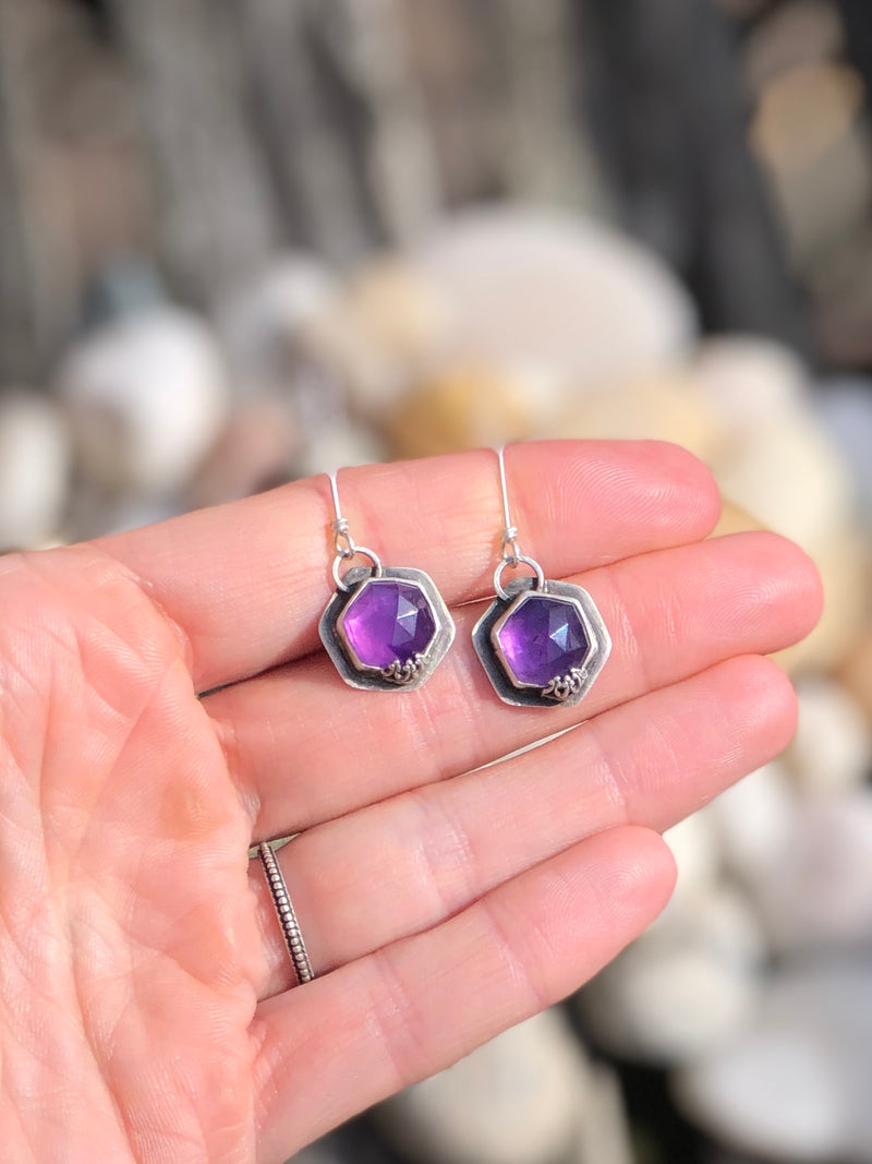 Purple Amethyst Hexagon Earrings