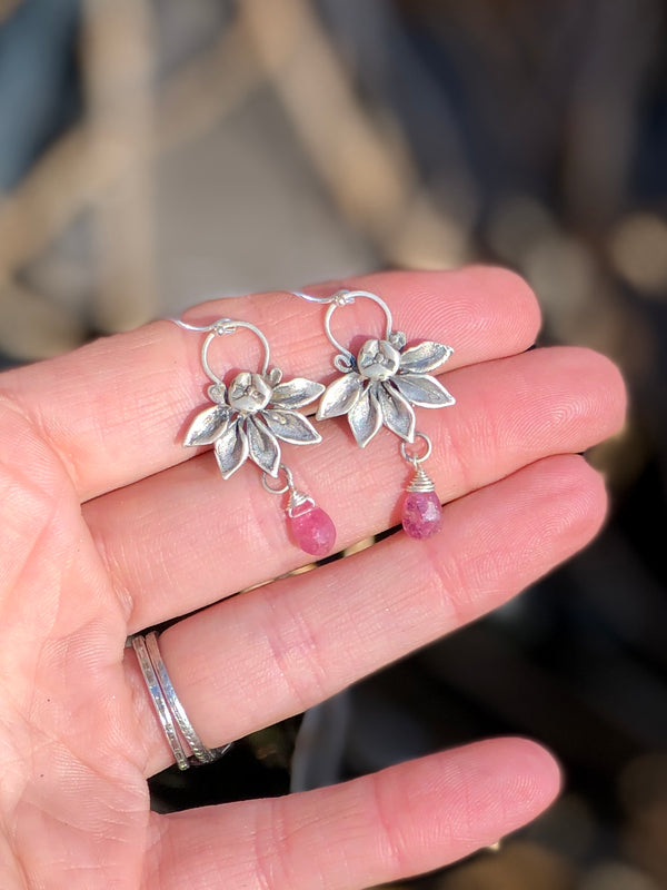 Lotus Flower With Pink Tourmaline Drop Earrings