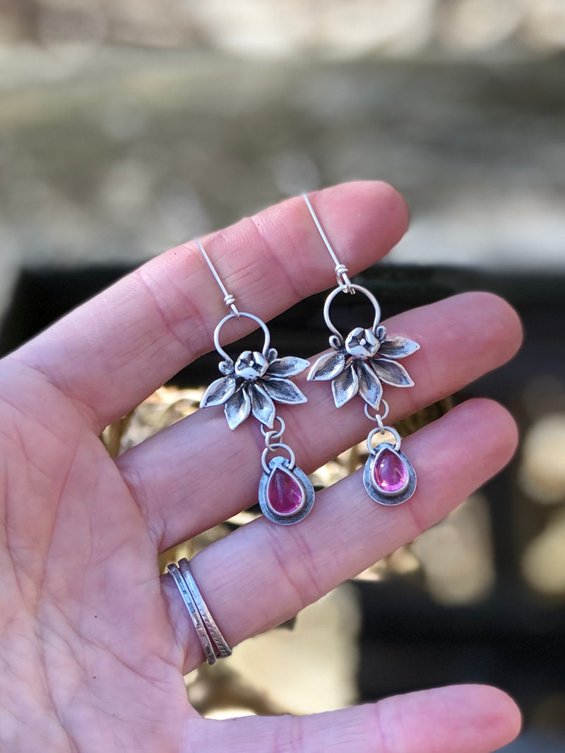 Lotus Flower With Pink Tourmaline Earrings