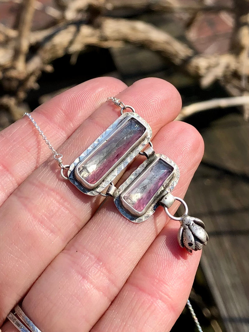 Pink Tourmaline Double Bar Necklace With Succulent