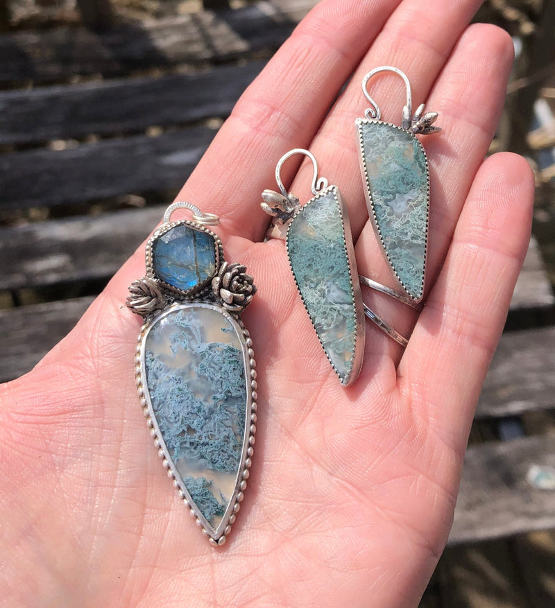 Moss Agate And Succulent Statement Earrings