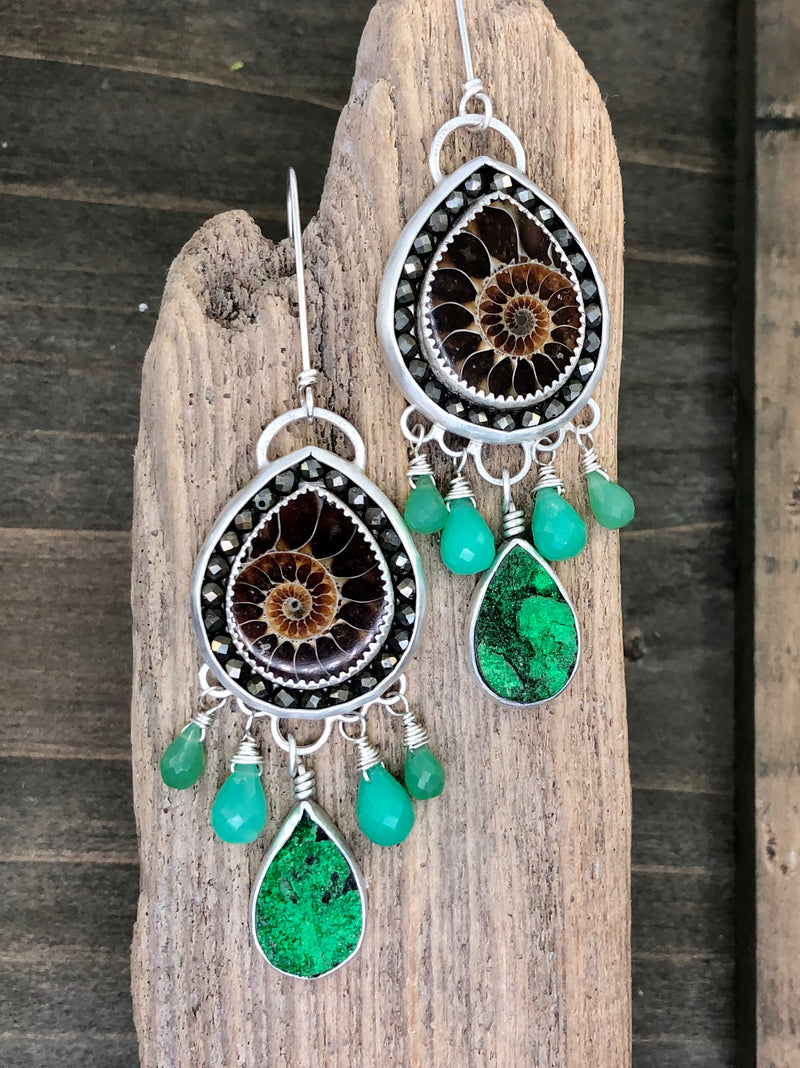 Ammonite And Green Earrings