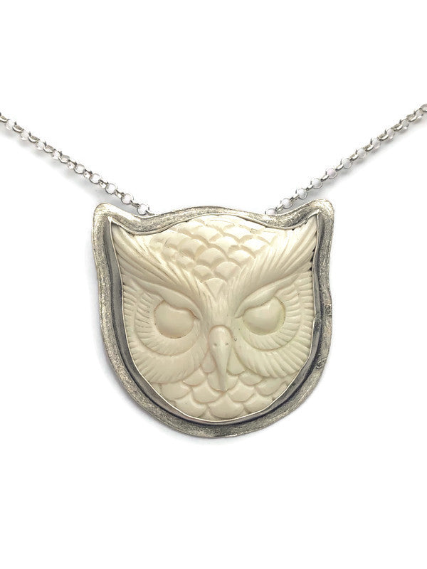 Carved Horned Owl Face Necklace