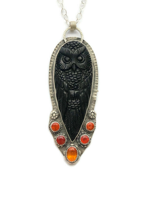 Carved Black Horn Owl & Fire Opal Necklace