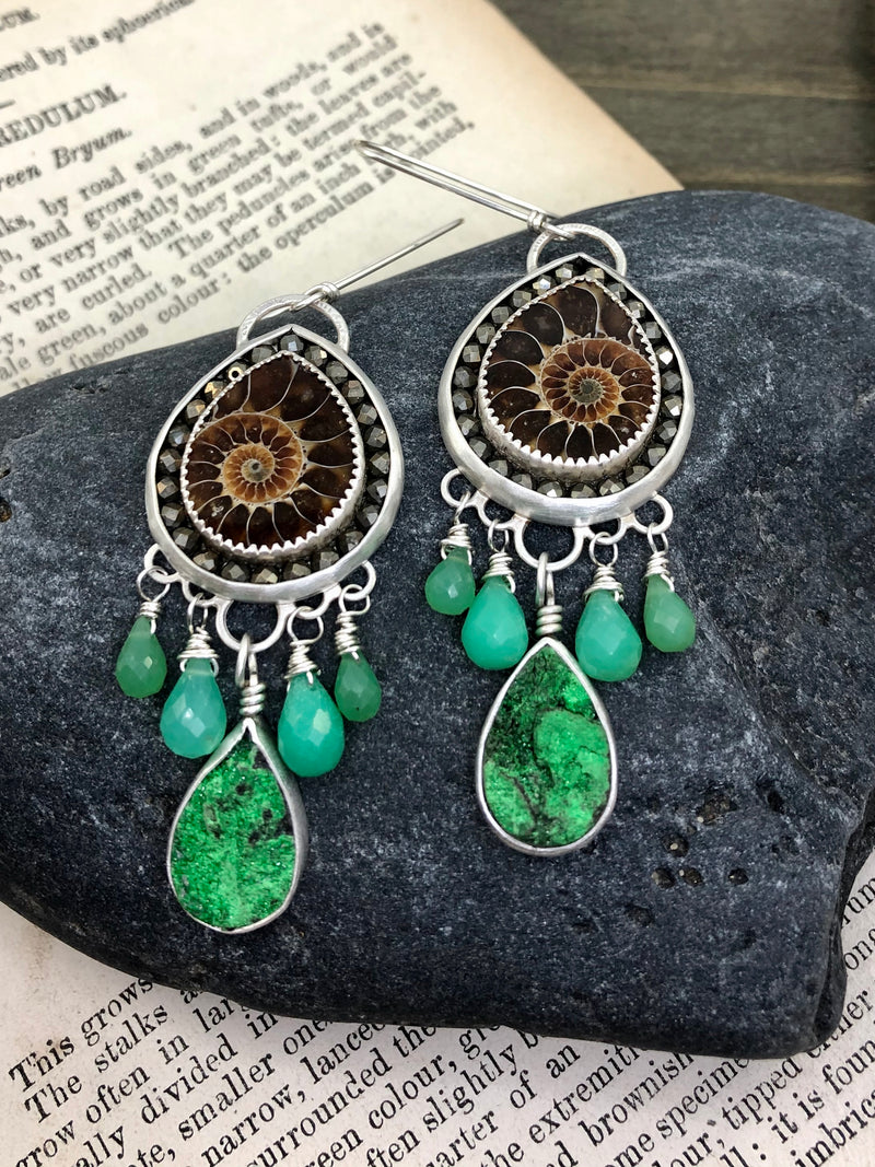 Ammonite And Green Earrings